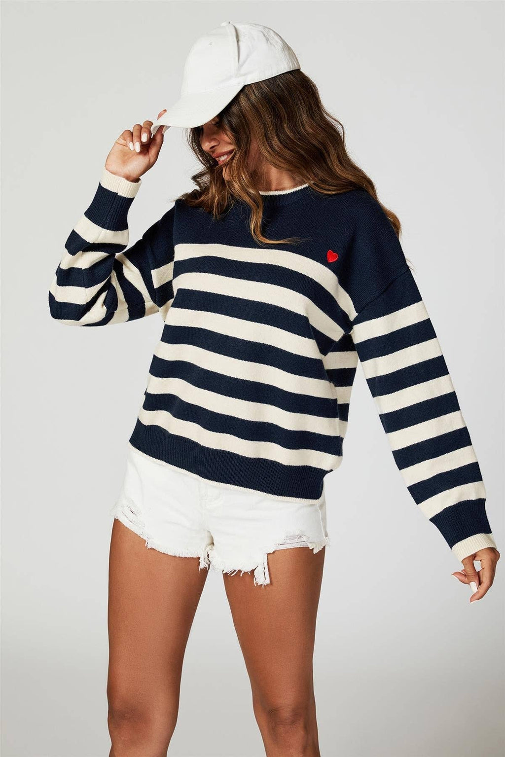Pull Rayé Bleu Marine avec Cœur Brodé - Taille Unique