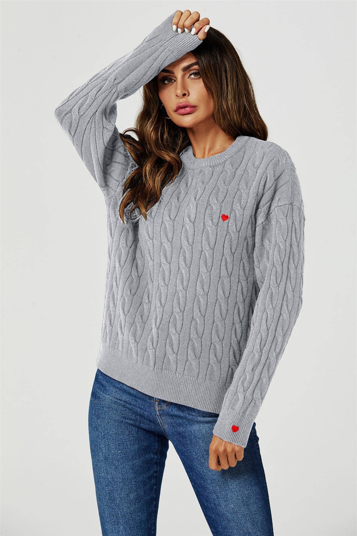 Pull en Maille Torsadée Gris avec Cœurs Rouges - Taille Unique